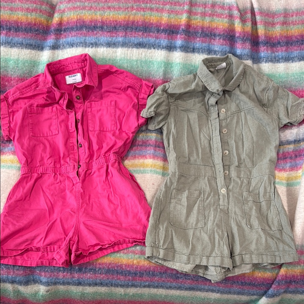Old Navy Pink and Abercrombie Kids Green Button-Up Rompers